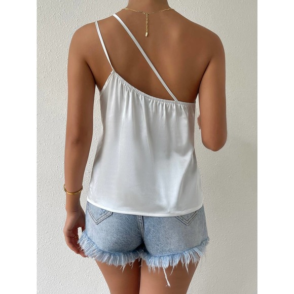 Draped cowl neck criss cross strap Satin crop Top cami tank white - Picture 2 of 7